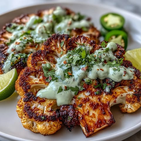 Roasted Keto Chili Lime Cauliflower Steaks with Avocado Crema on a white plate.