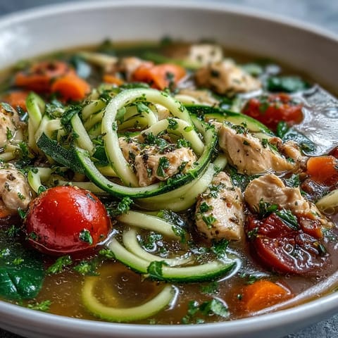 Vibrant bowl of Turkey and Veggie Zucchini Noodle Soup with tender turkey, carrots, and celery in a clear broth.