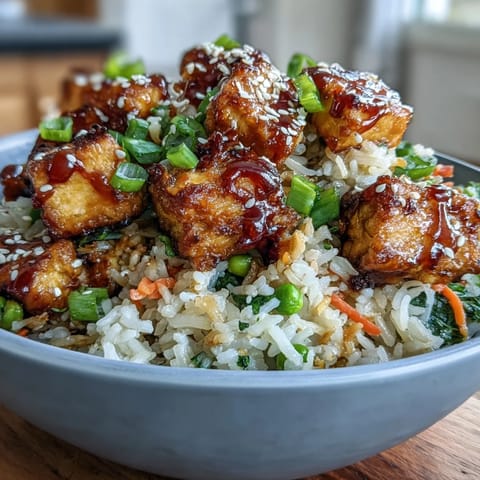Golden crispy tofu cubes glisten over savory fried rice, tossed with bright peas and carrots in a glossy sesame-ginger sauce. 