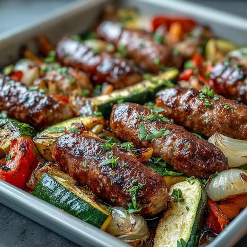 Golden-brown Italian sausages roast alongside tender zucchini and vibrant bell peppers on a sheet pan for Sheet Pan Italian Sausage with Peppers and Zucchini.