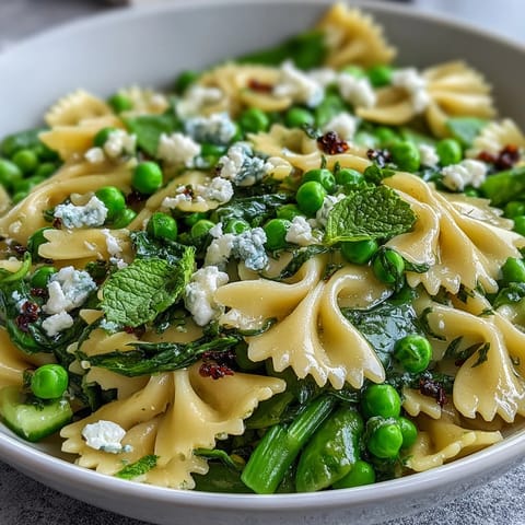 A light and refreshing pasta salad featuring sweet spring peas, fragrant mint, and crisp cucumber, all drizzled with tangy lemon vinaigrette.  