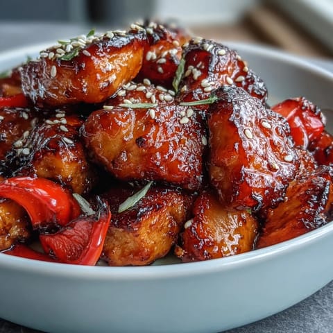 Vibrant chicken diablo stir-fry with colorful bell peppers and snap peas in a sweet-spicy sauce, served over jasmine rice.  