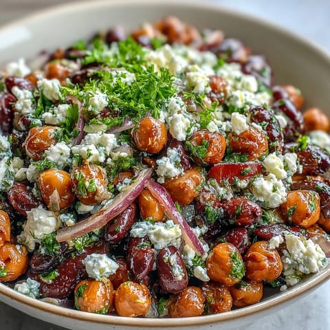 Tangy chickpea and black bean salad with red onion, feta, and parsley, ideal for quick dinners.