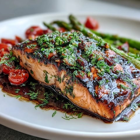 Grilled salmon with lemon herb marinade, served with asparagus and cherry tomatoes on a rustic wooden board.