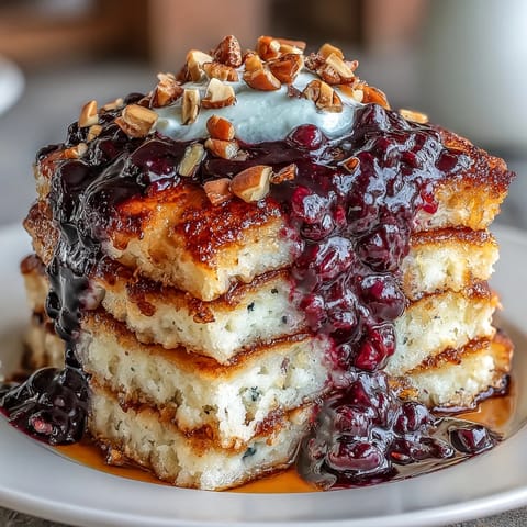 Fluffy whole grain pancakes made with Greek yogurt, served warm with a naturally sweet blueberry compote and crunchy chopped nuts.  