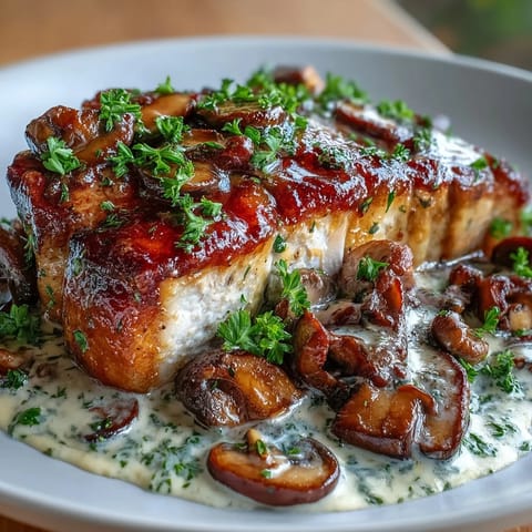 Succulent bone-in pork chops seared to perfection, smothered in a velvety Parmesan mushroom sauce, paired with herb-roasted radishes for a low-carb dinner.  