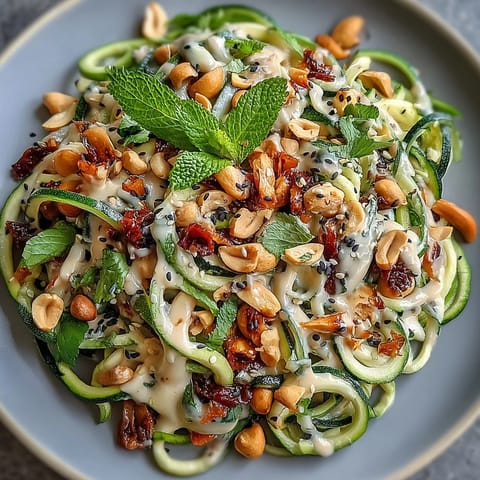 Vibrant Thai-inspired zucchini noodle salad featuring crisp vegetable ribbons, roasted peanuts, and tangy peanut sauce.  