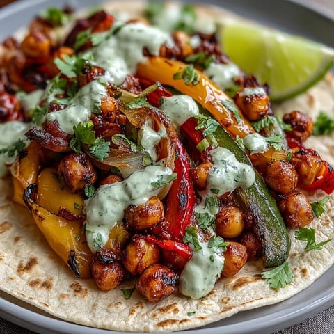Colorful roasted sheet pan fajitas with rainbow veggies and chickpeas, drizzled with creamy guacamole yogurt sauce.  