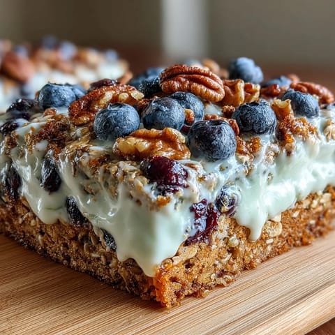 Delicious baked oatmeal studded with fresh blueberries and topped with a sweet Greek yogurt swirl for added protein.
