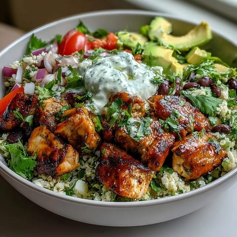 Zesty cilantro-lime cauliflower rice paired with seasoned chicken breast, black beans, tomatoes, and creamy avocado in a low-calorie bowl.