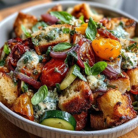 Colorful sourdough panzanella salad with heirloom tomatoes, crunchy croutons, and fresh basil vinaigrette for a rustic Italian dish.  