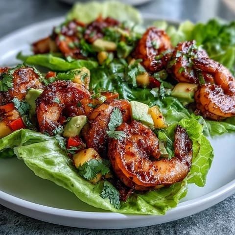 Lightened-Up Mango Salsa Shrimp Lettuce Tacos with juicy shrimp and fresh mango salsa served in crisp lettuce cups for a healthy summer meal.