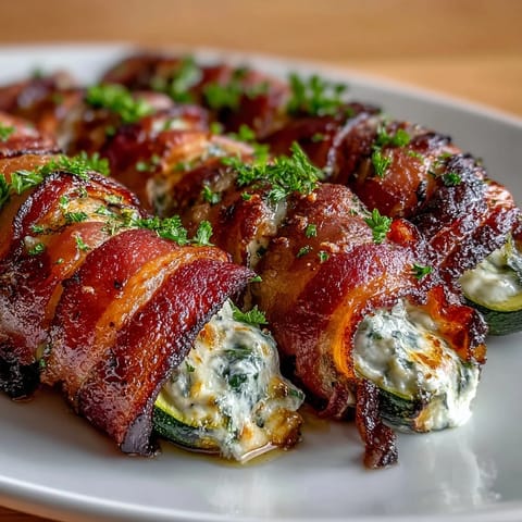 A close-up of golden-brown bacon-wrapped zucchini boats, stuffed with creamy herb cheese and baked until tender.