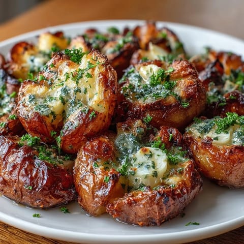 Buttery Yukon Gold potatoes smashed and baked with garlic butter, herbs, and olive oil drizzle.  
