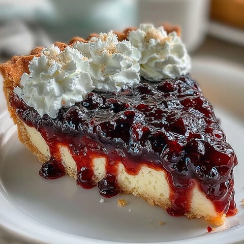 A vibrant black currant tart with golden pastry, glossy berry filling, and fluffy whipped cream topping.  