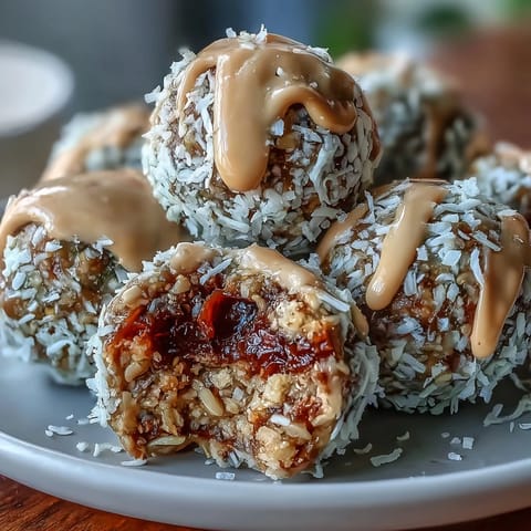 Creamy tahini and sweet dates blended with oats and coconut, rolled into protein-packed energy bites for a healthy snack.