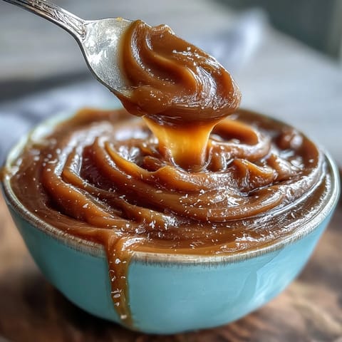 A glossy, amber-hued miso caramel sauce drizzled over fresh fruit, blending sweet and savory umami notes.