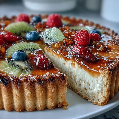 Silky cardamom-infused custard nestled in a crisp tart shell, crowned with seasonal berries and tropical fruit slices.  