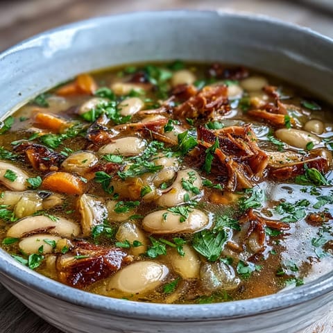 Rich and smoky white bean and ham hock soup, featuring tender beans and savory ham in a hearty broth.  
