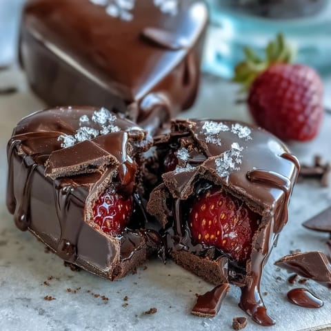 A beautiful Valentine's Day breakable chocolate heart filled with fresh strawberries, perfect for a romantic dessert.