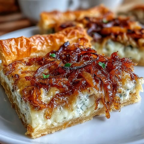 Golden caramelized onion and Gruyere tart with flaky pastry crust, ready for elegant brunch serving.  
