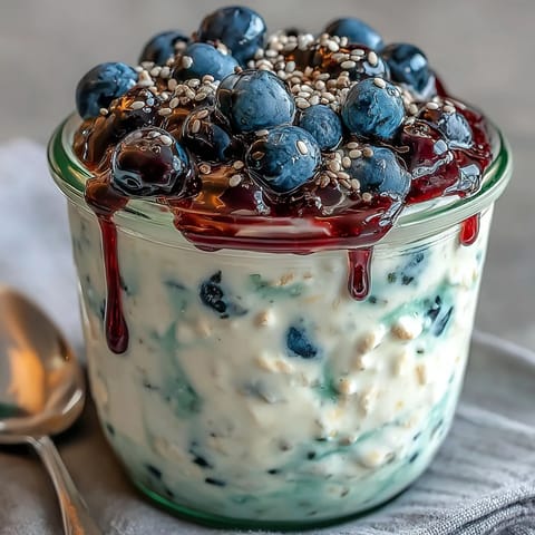 1. Creamy overnight oats with chia seeds and fresh blueberries in glass jars, perfect for healthy meal prep breakfasts.  