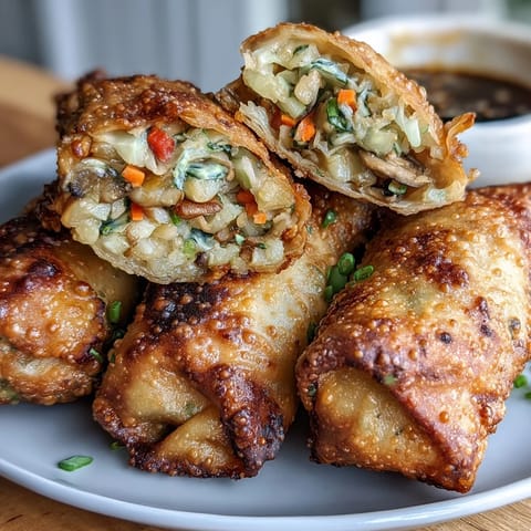 Golden-brown air fryer egg rolls packed with colorful vegetables and paired with a savory-sweet soy ginger dipping sauce.  