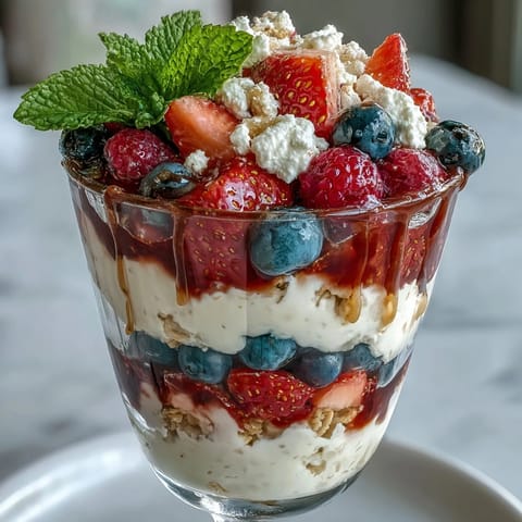 A healthy, protein-rich parfait with cottage cheese, mixed berries, and granola for a satisfying morning meal.  
