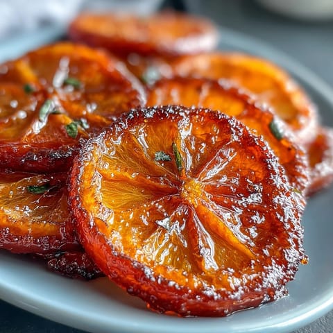 Candied orange slices for cocktail garnish, glistening with sugar syrup and arranged on a baking sheet for drying.  