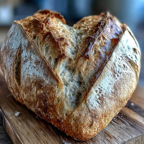 Heart-shaped sourdough bread with crisp golden crust and airy crumb, decorated with artistic flour patterns for a stunning Valentines Day centerpiece.  