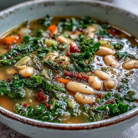 Hearty kale and white bean soup with a bright lemon-garlic broth, perfect for a cozy vegetarian lunch or dinner.