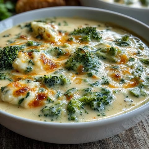 Creamy broccoli cheddar soup lightened with Greek yogurt, a comforting bowl of tender florets and melted cheese in a velvety broth.