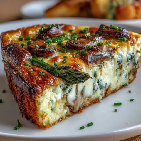 Fluffy eggs and melted Gruyère cheese blend with earthy mushrooms and fresh asparagus atop a buttery sourdough base, perfect for spring dining.  