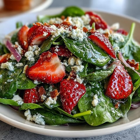 Colorful spinach and strawberry salad topped with crunchy almonds and feta, tossed in sweet and tangy poppy seed dressing.  