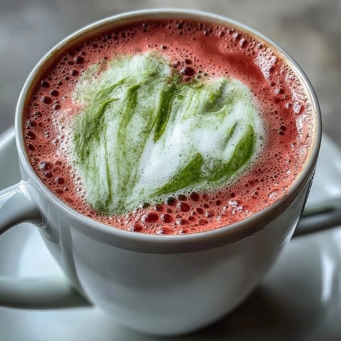 Warm strawberry matcha latte in two clear mugs, frothy milk layered over vibrant strawberry purée and bright green matcha, garnished with fresh strawberry slices.