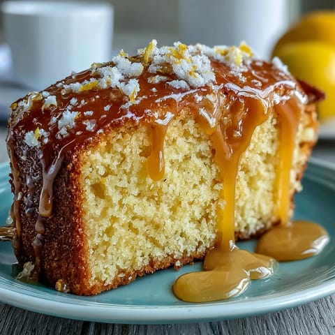 A moist Limoncello pound cake topped with a glossy lemon glaze, garnished with fresh lemon zest for a tangy citrus finish.