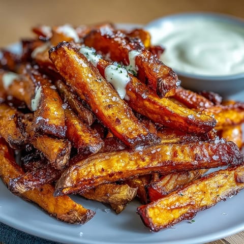 Crispy air fryer sweet potato fries served with creamy garlic aioli dipping sauce, golden and perfectly seasoned.  