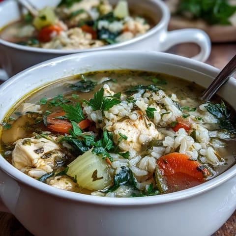 Easy healthy chicken and rice soup packed with vegetables, herbs, and fluffy rice for a nourishing, gluten-free meal.  