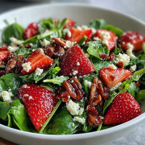 Bright strawberry spinach salad topped with feta, pecans, and tangy poppy seed dressing for a perfect spring meal.