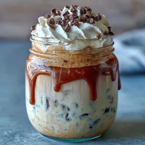 Vanilla Bean Frappuccino Overnight Oats in a jar with creamy vanilla bean oats, coffee drizzle, and whipped cream topping for a decadent breakfast or dessert.