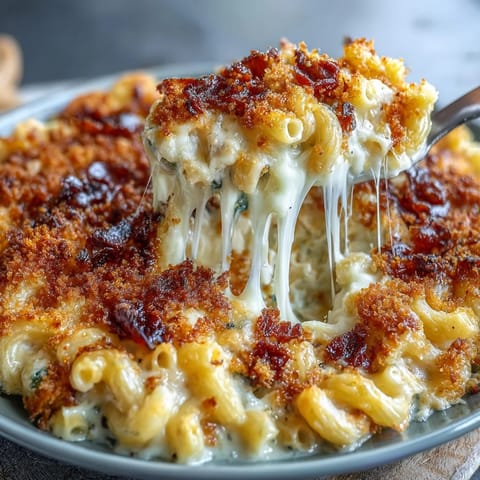 Baked Southern mac and cheese with creamy cheddar sauce and a golden, crispy top.