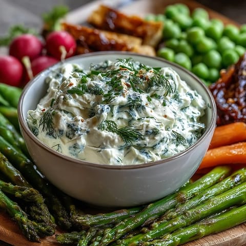 Vibrant spring vegetable platter with radishes, peas, and herb dip, perfect for entertaining or a light appetizer.