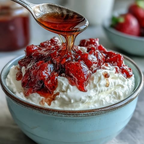 Strawberry compote over Greek yogurt with fresh mint and honey drizzle, a vibrant breakfast or dessert.  