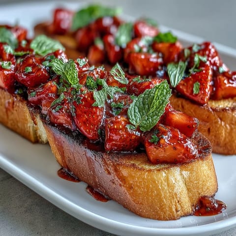 Fresh strawberry bruschetta with balsamic glaze and mint, served on toasted baguette slices for a sweet-savory summer appetizer.  
