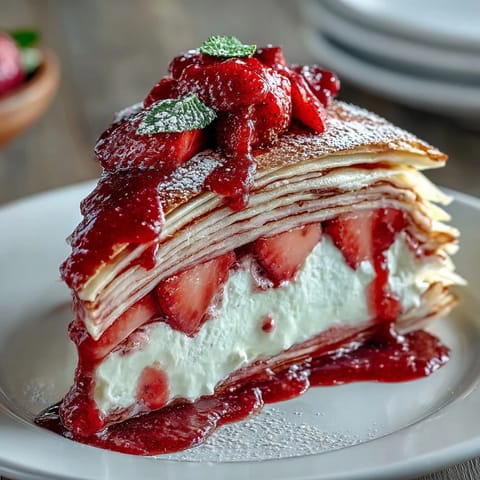 A beautiful layered crepe cake with fresh strawberries and vanilla cream, perfect for Mother's Day brunch or dessert.