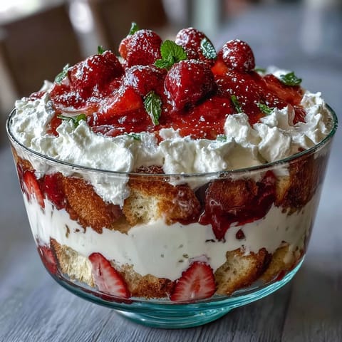 Layered Mothers Day strawberry shortcake trifle with juicy berries and fluffy whipped cream in a glass bowl.