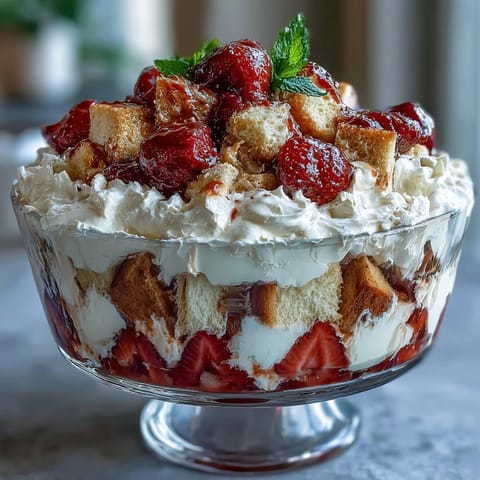 Elegant Mothers Day strawberry shortcake trifle featuring golden shortcake cubes, macerated strawberries, and airy whipped cream layers.