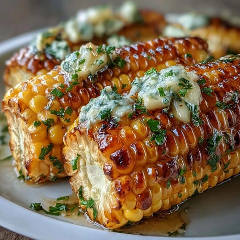 Close-up of tender, buttery microwave corn on the cob, glistening with savory garlic butter and fresh parsley.