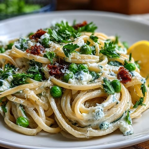 Creamy lemon ricotta linguine with sweet peas and Parmesan in a light, fresh spring pasta dish.  