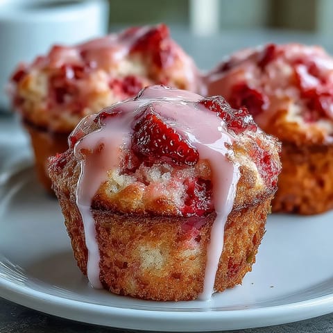 1. Bright and juicy strawberry lemon muffins topped with a glossy lemon glaze, perfect for a sunny spring brunch.  